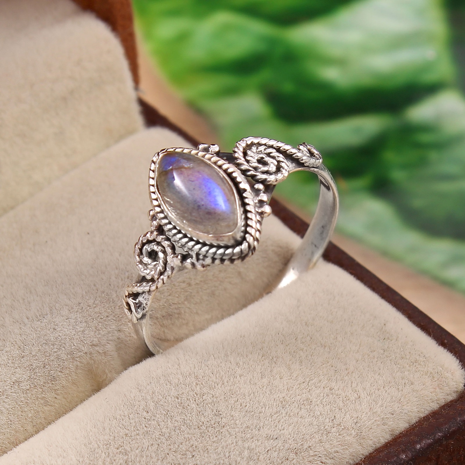 Silver Marquise Rainbow Moonstone Ring