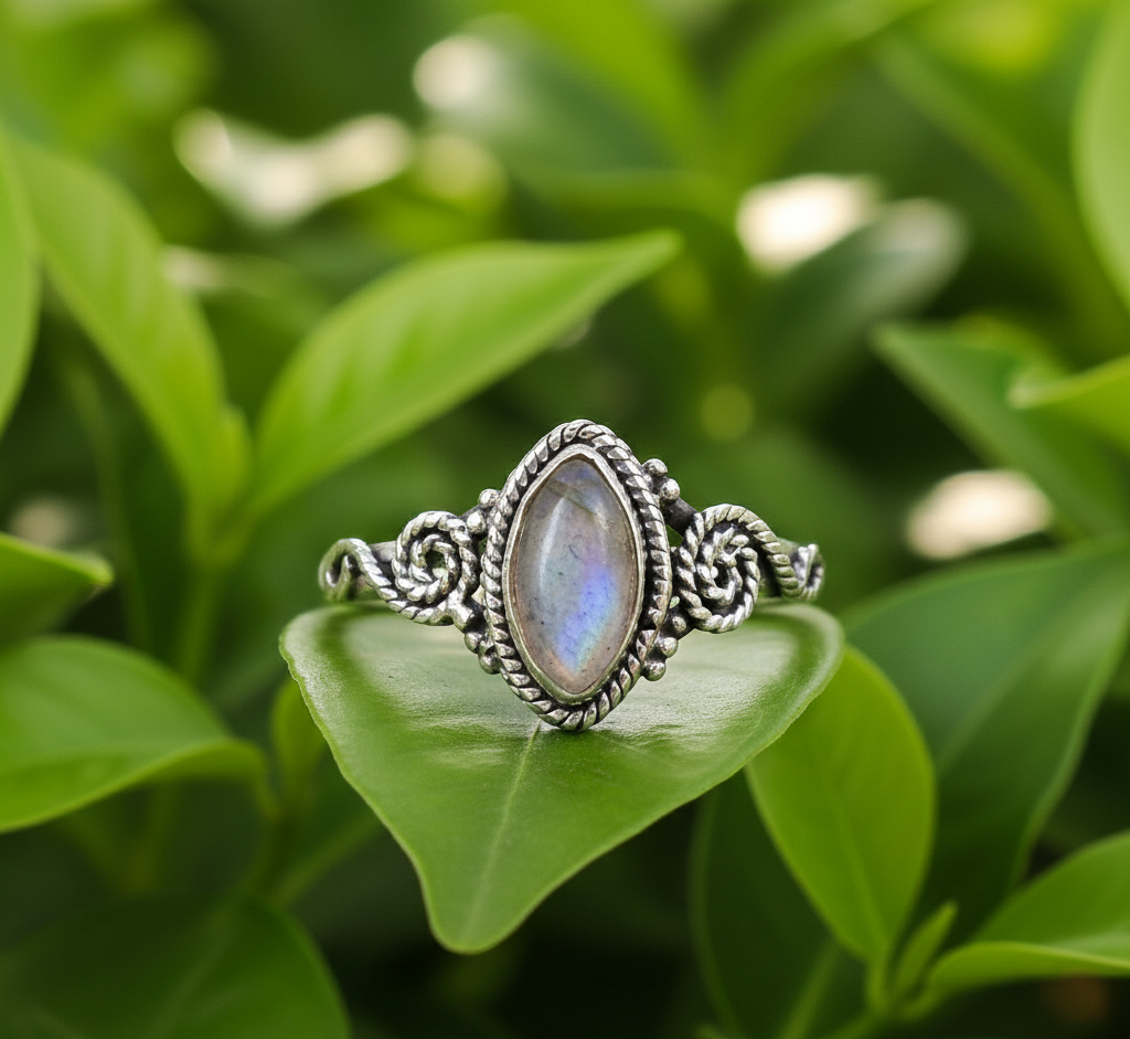 Silver Marquise Rainbow Moonstone Ring