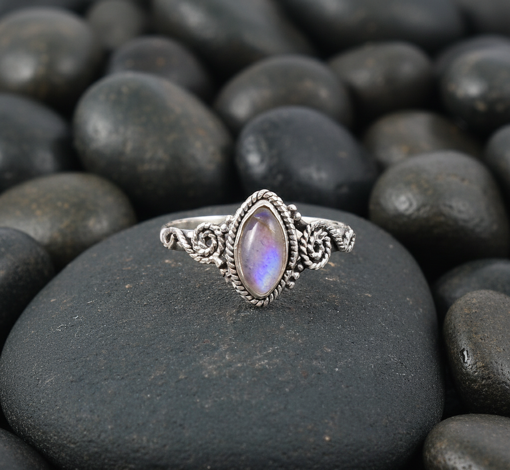 Silver Marquise Rainbow Moonstone Ring