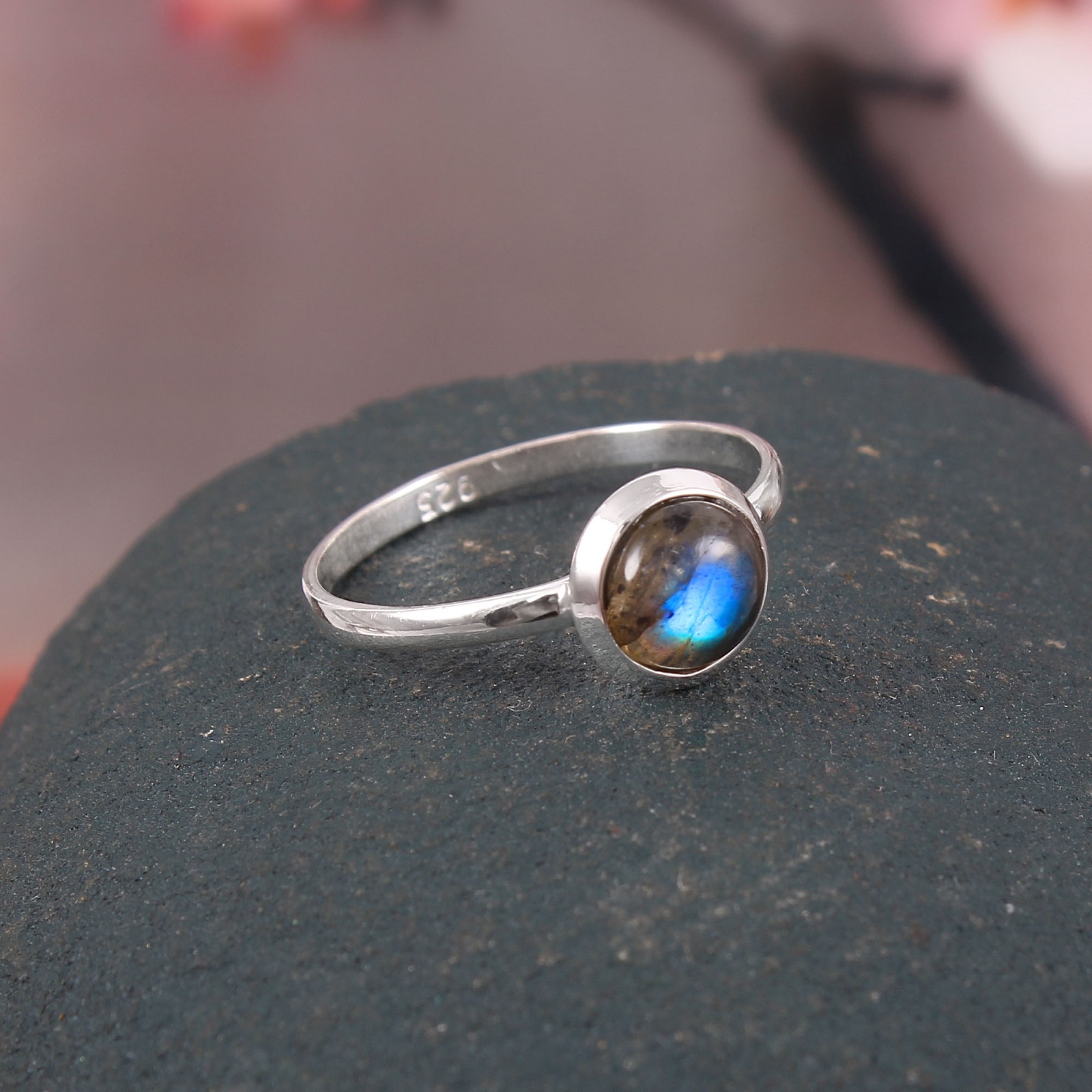 Women's 925 Sterling Silver Ring Cabochon Labradorite Bezel Setting