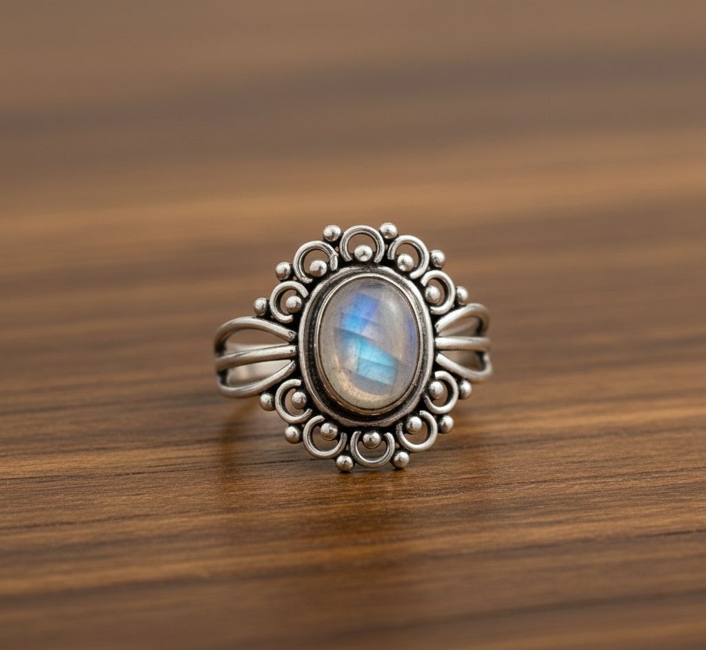 925 Sterling Silver Rainbow Moonstone Rava Design Ring