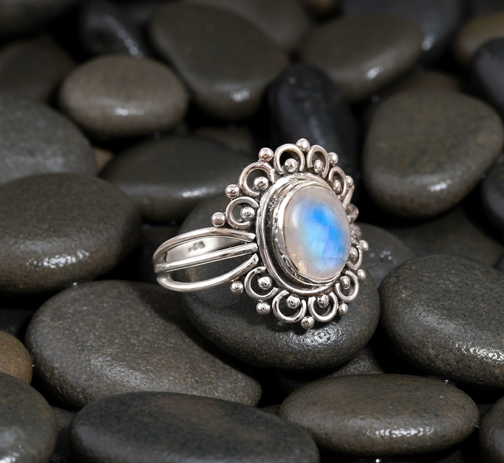 925 Sterling Silver Rainbow Moonstone Rava Design Ring
