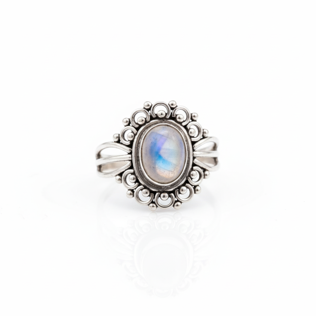 925 Sterling Silver Rainbow Moonstone Rava Design Ring