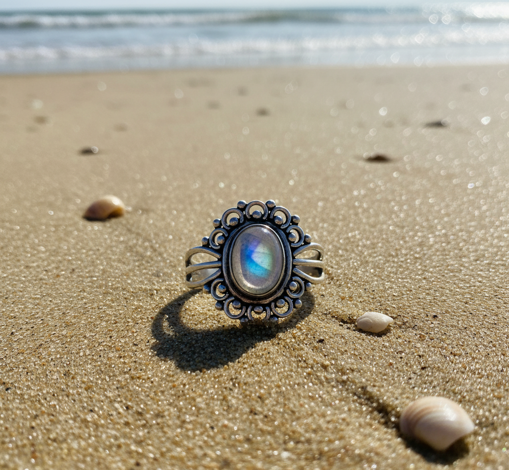 925 Sterling Silver Rainbow Moonstone Rava Design Ring