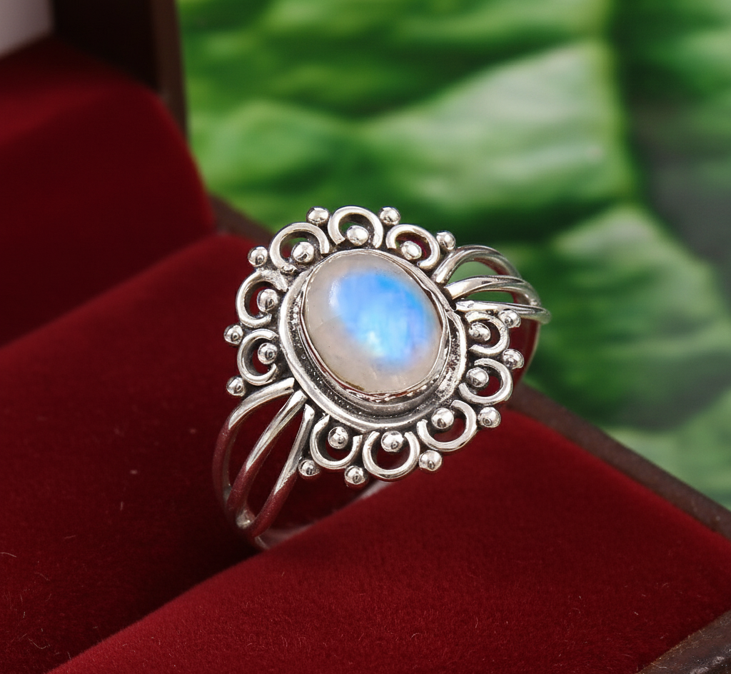 925 Sterling Silver Rainbow Moonstone Rava Design Ring