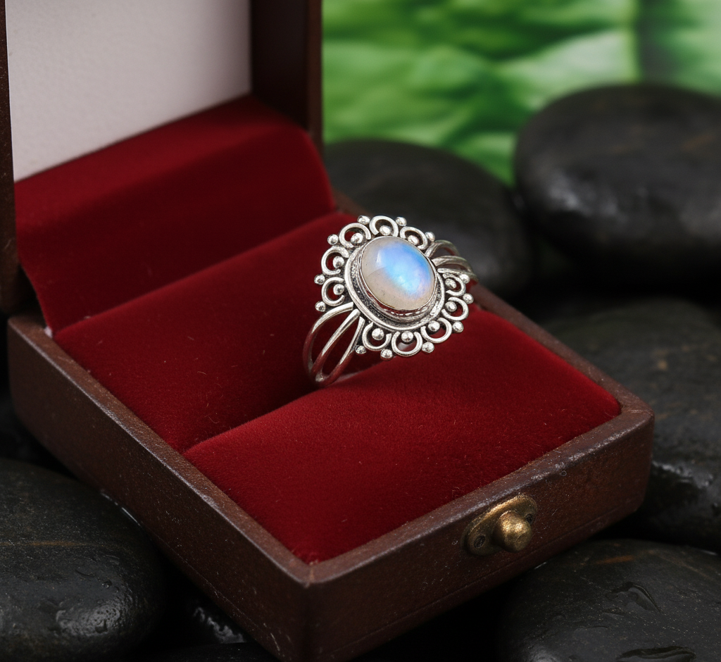 925 Sterling Silver Rainbow Moonstone Rava Design Ring