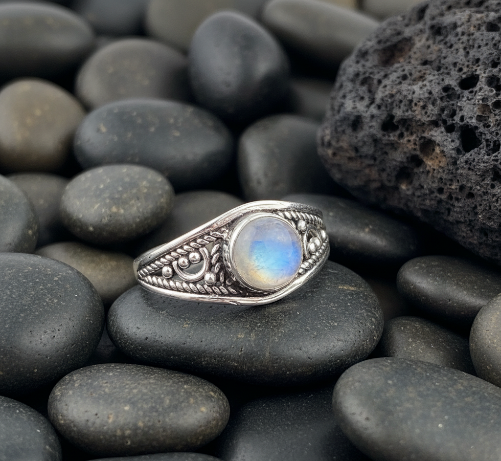925 Sterling Silver Round Rainbow Moonstone Ring
