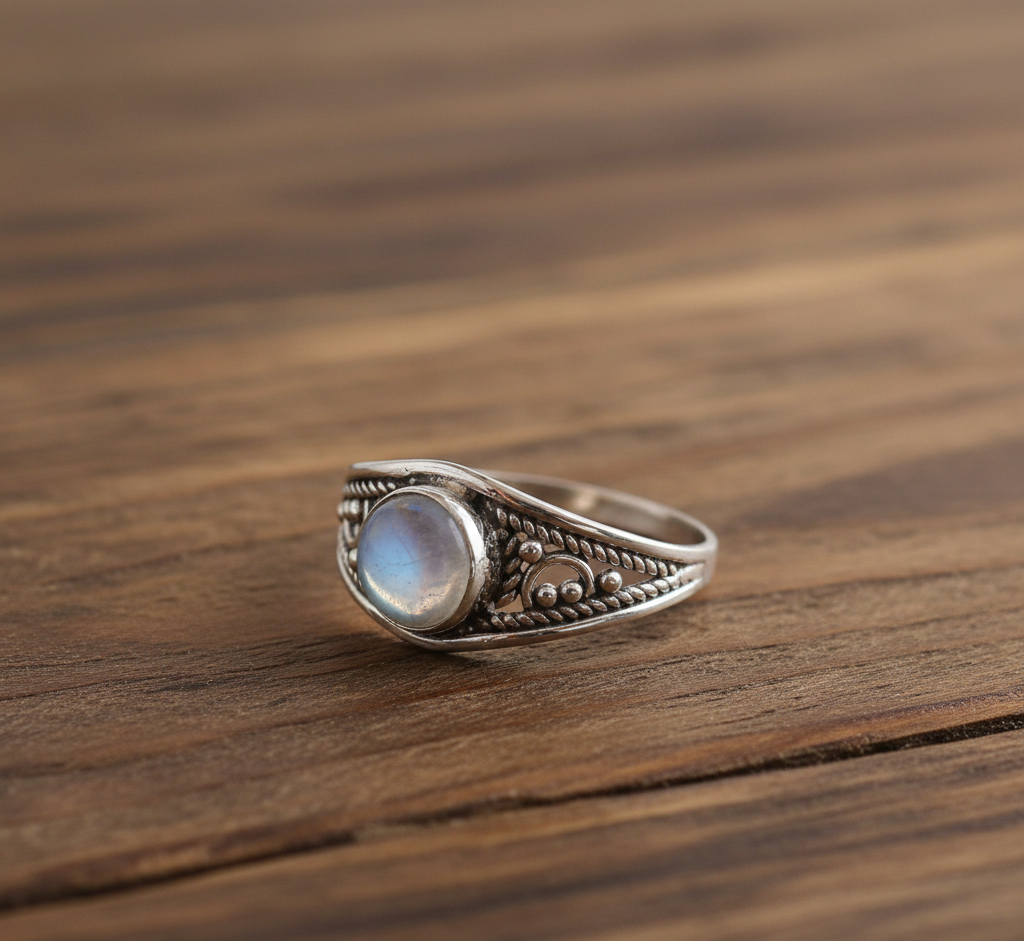 925 Sterling Silver Round Rainbow Moonstone Ring