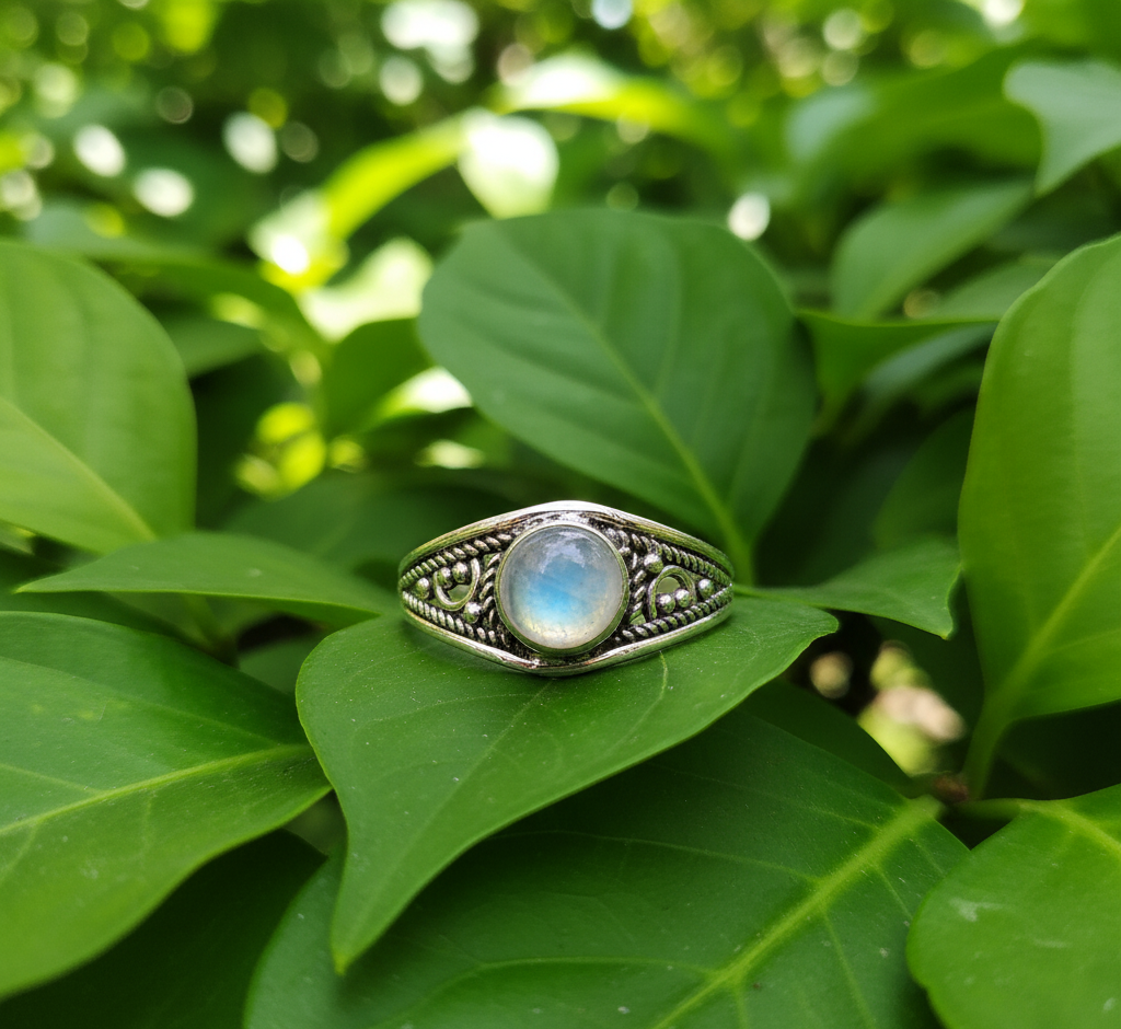 925 Sterling Silver Round Rainbow Moonstone Ring