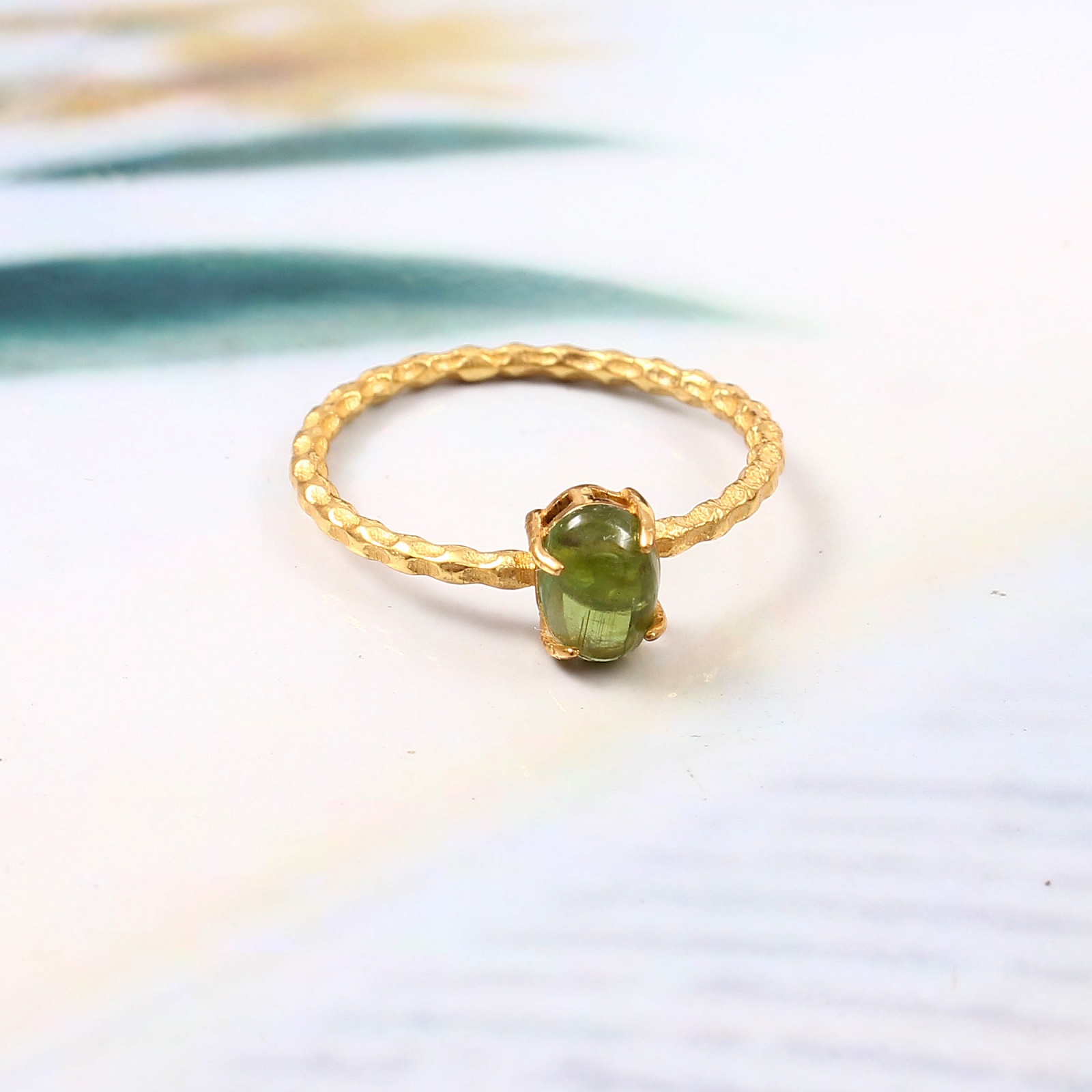 Gold Plated 925 Sterling Silver Oval Peridot Cabochon Ring