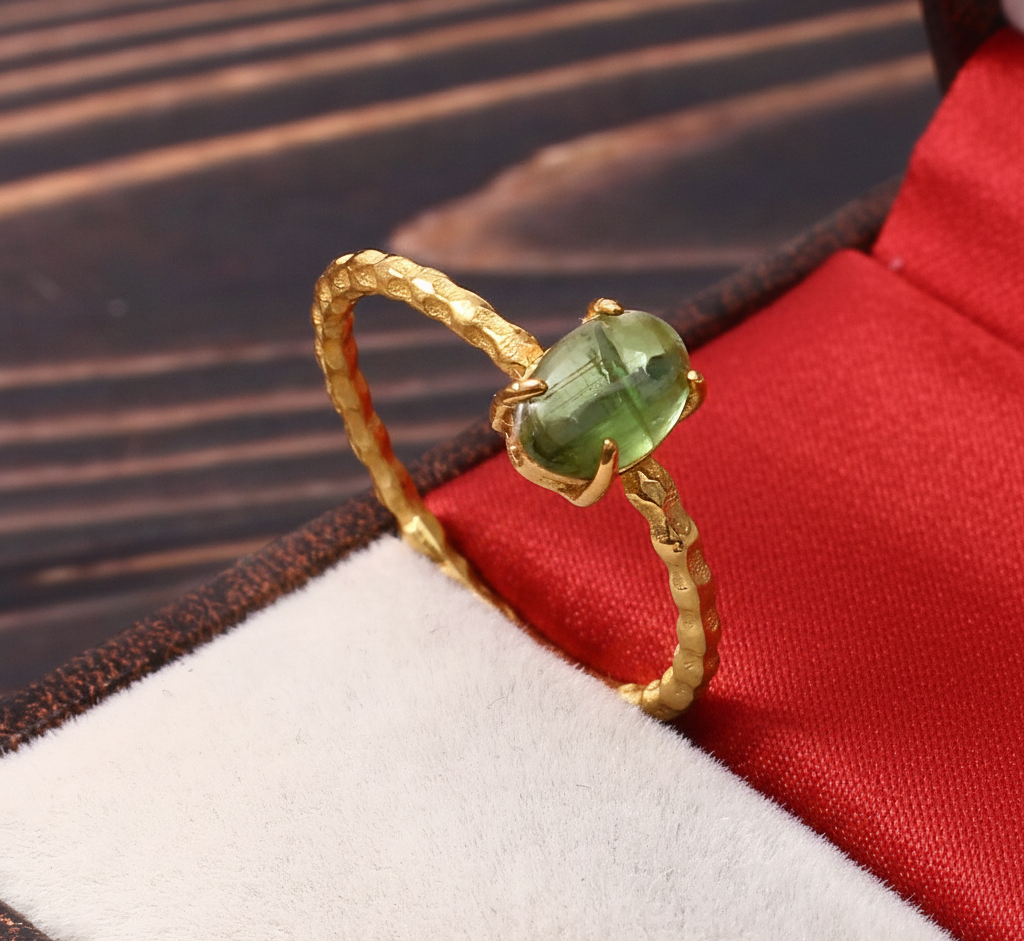Gold Plated 925 Sterling Silver Oval Peridot Cabochon Ring