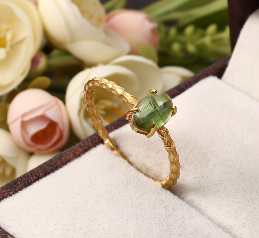 Gold Plated 925 Sterling Silver Oval Peridot Cabochon Ring