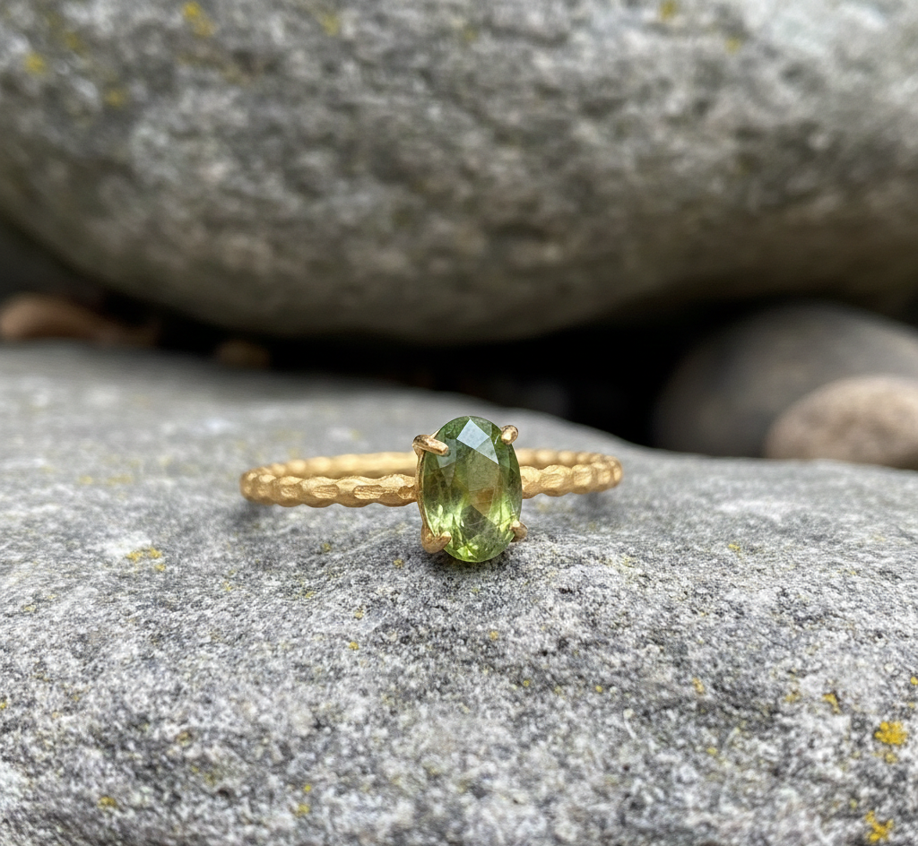Gold Plated 925 Sterling Silver Oval Peridot Cabochon Ring