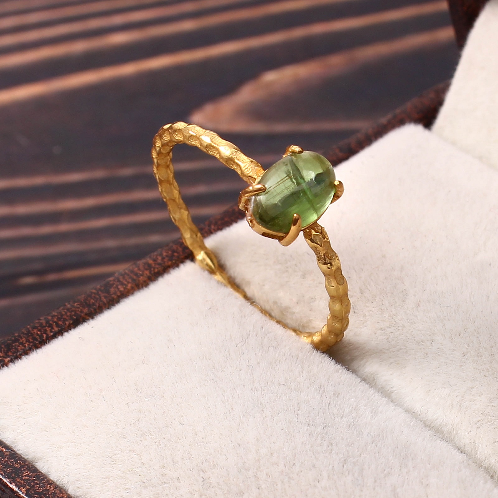 Gold Plated 925 Sterling Silver Oval Peridot Cabochon Ring