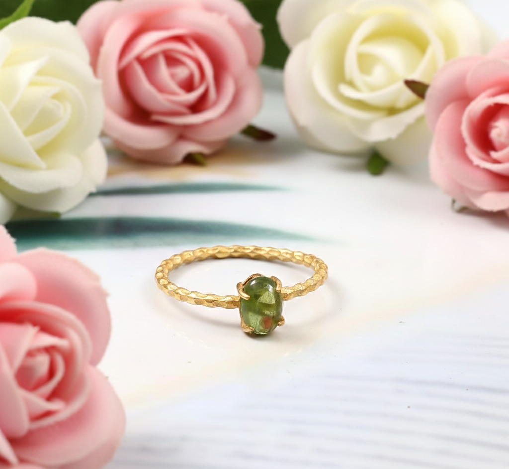 Gold Plated 925 Sterling Silver Oval Peridot Cabochon Ring