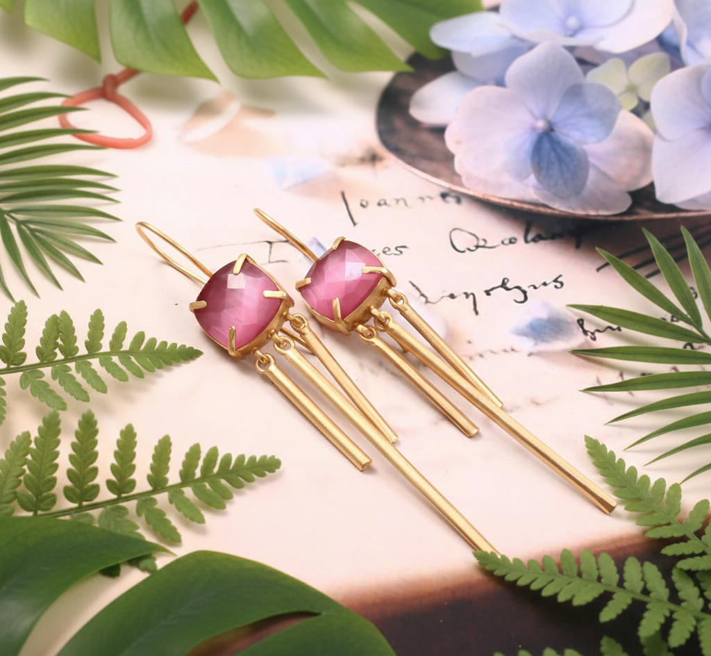 925 Sterling Silver Pink Monalisa Stone Beautiful Earrings