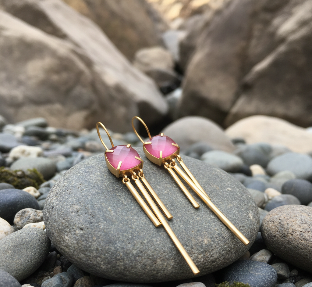 925 Sterling Silver Pink Monalisa Stone Beautiful Earrings