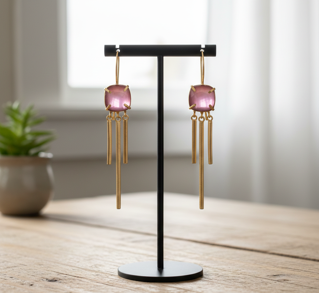 925 Sterling Silver Pink Monalisa Stone Beautiful Earrings