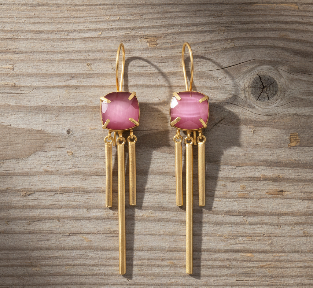 925 Sterling Silver Pink Monalisa Stone Beautiful Earrings