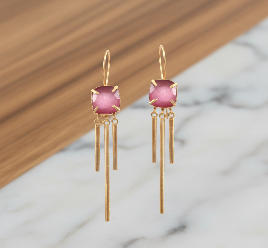 925 Sterling Silver Pink Monalisa Stone Beautiful Earrings