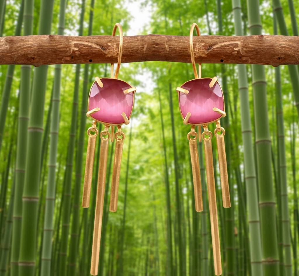 925 Sterling Silver Pink Monalisa Stone Beautiful Earrings