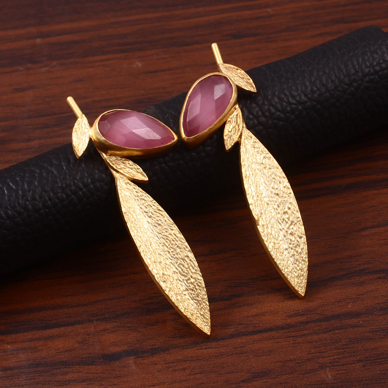 925 Sterling Silver Pink Monalisa Stone Leaf Earrings