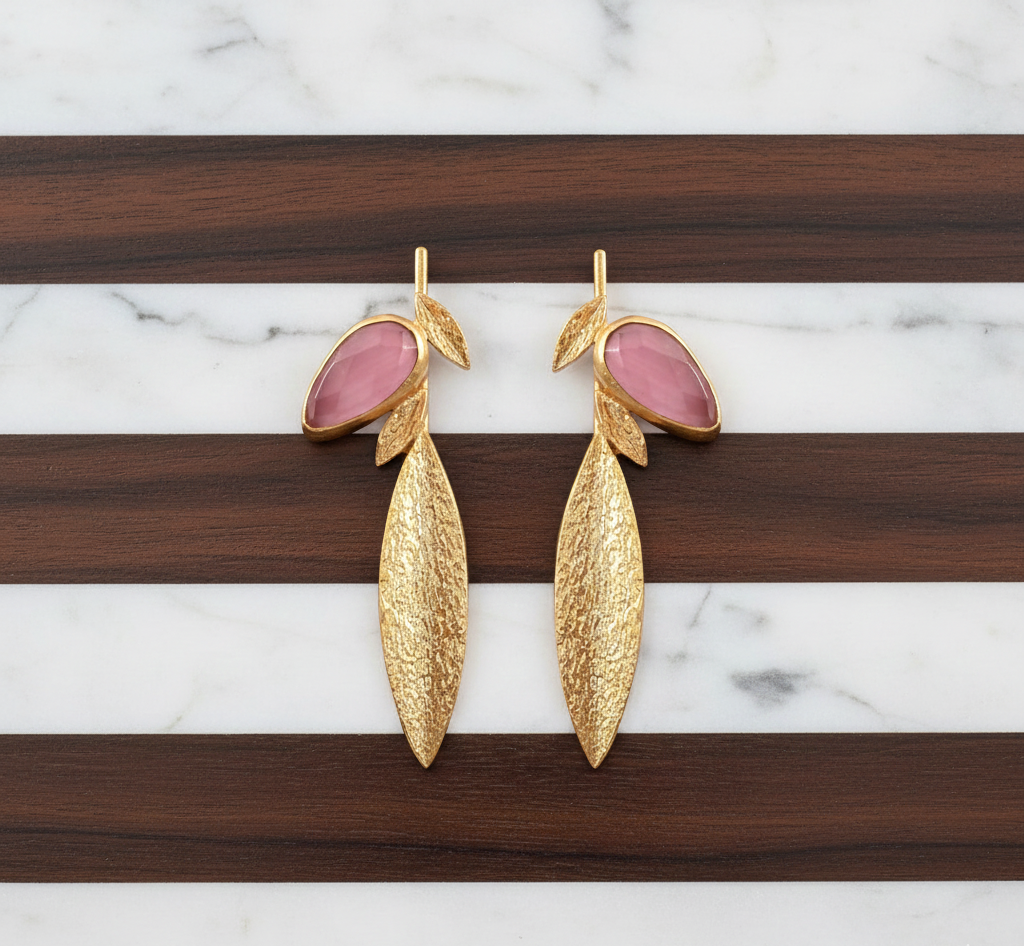 925 Sterling Silver Pink Monalisa Stone Leaf Earrings