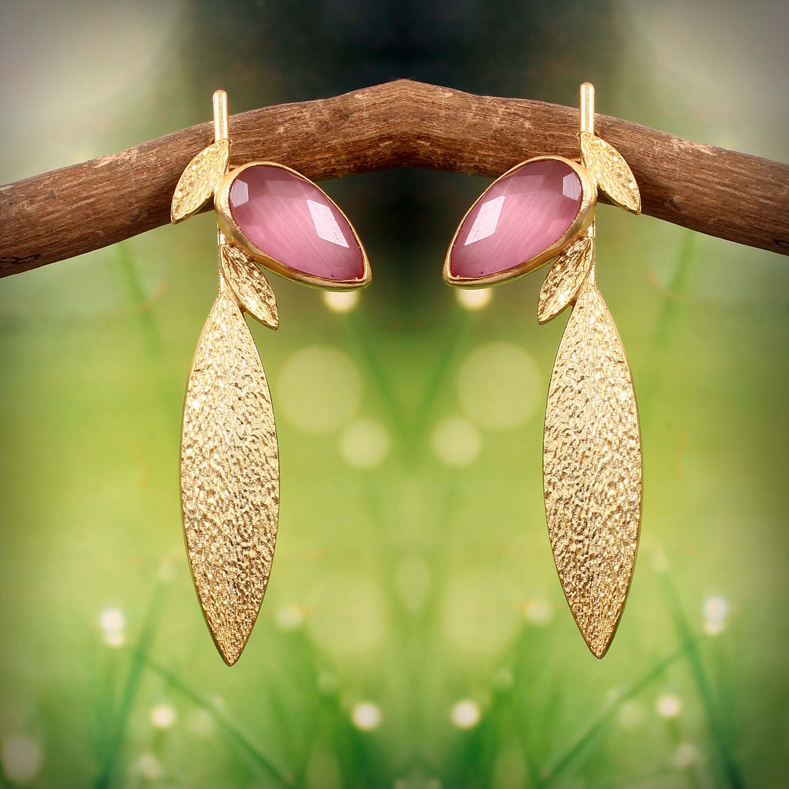 925 Sterling Silver Pink Monalisa Stone Leaf Earrings