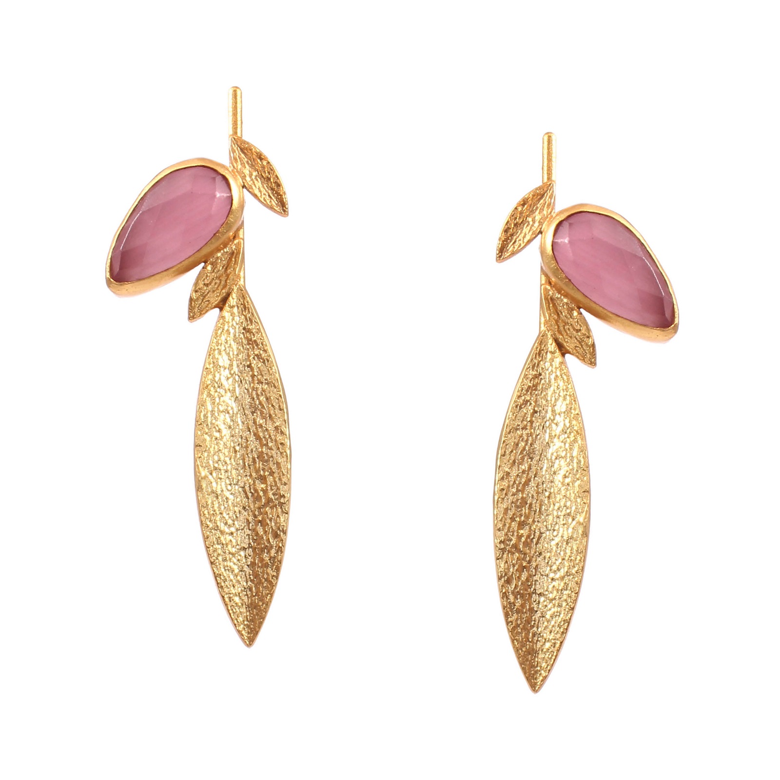 925 Sterling Silver Pink Monalisa Stone Leaf Earrings