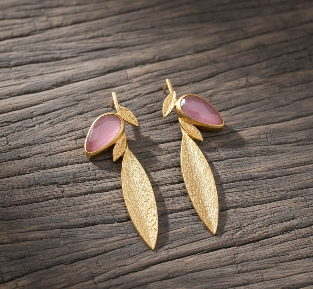 925 Sterling Silver Pink Monalisa Stone Leaf Earrings