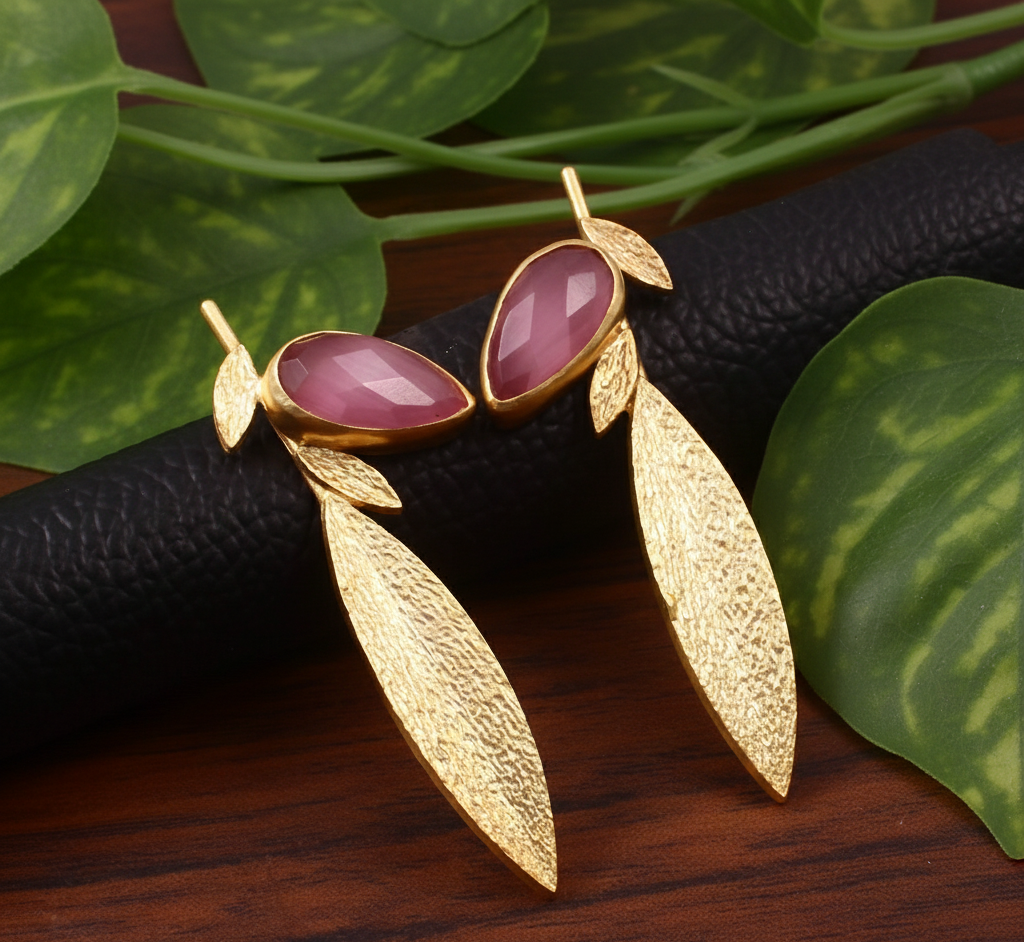 925 Sterling Silver Pink Monalisa Stone Leaf Earrings