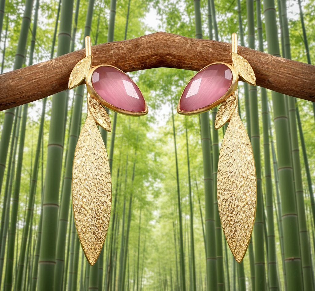 925 Sterling Silver Pink Monalisa Stone Leaf Earrings