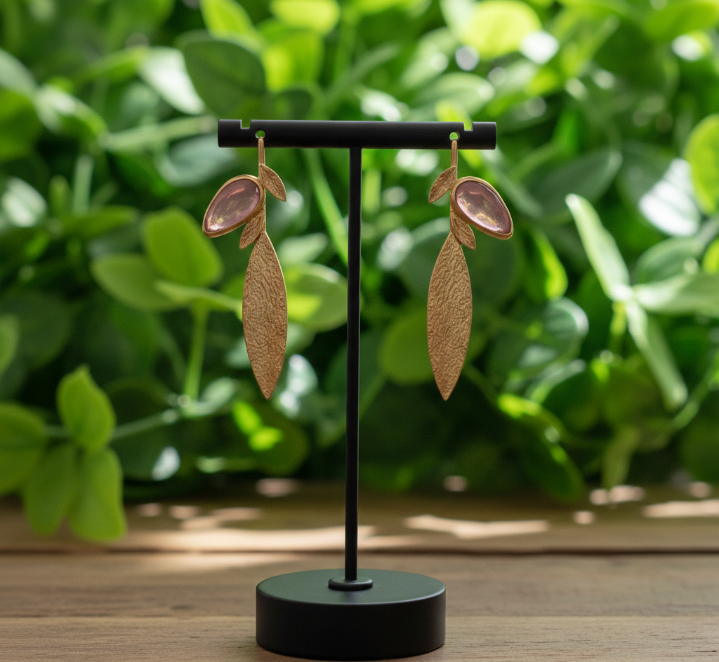 925 Sterling Silver Pink Monalisa Stone Leaf Earrings