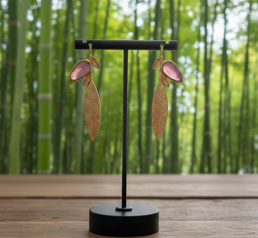 925 Sterling Silver Pink Monalisa Stone Leaf Earrings