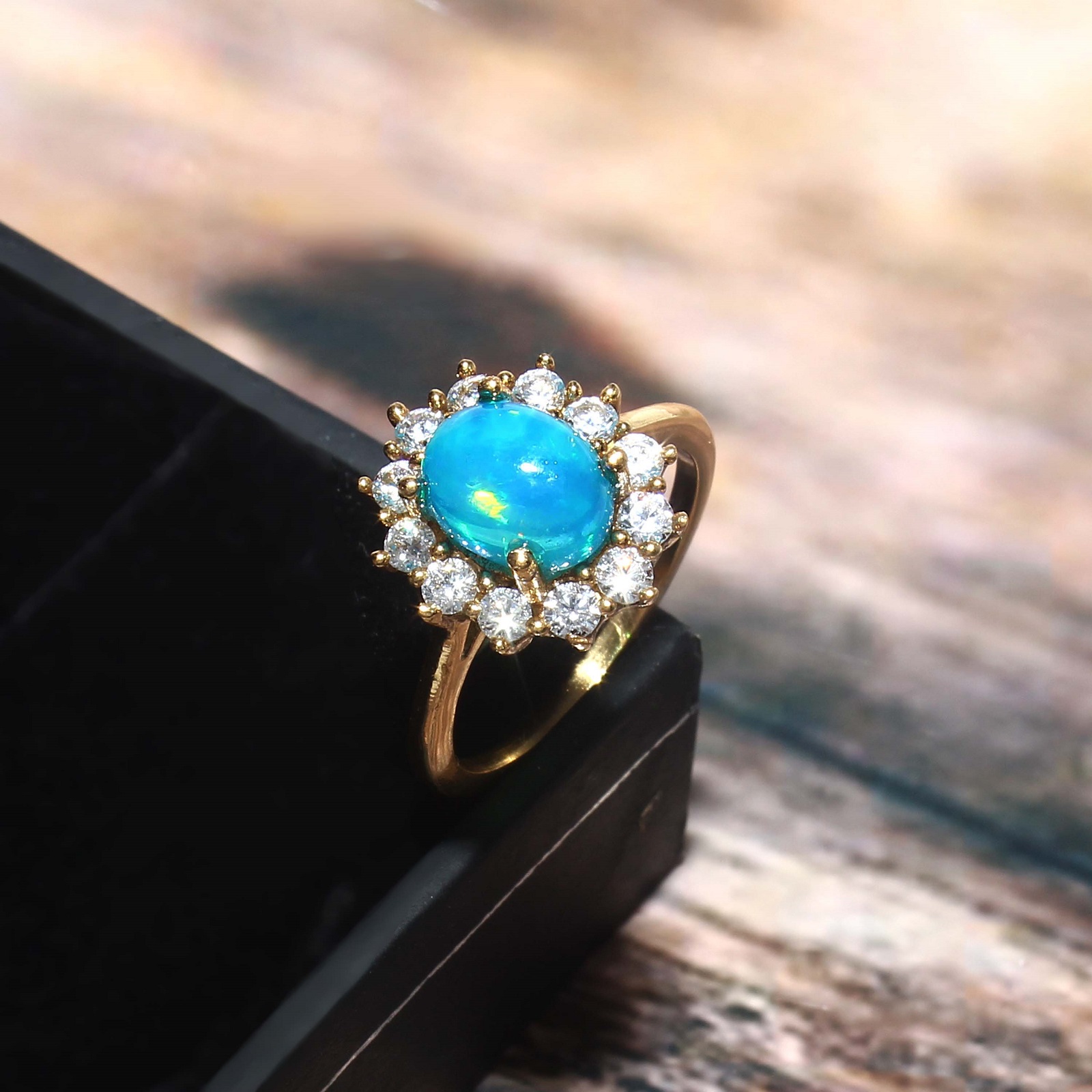 Gold Plated 925 Sterling Silver Blue Opal Ring With White CZ