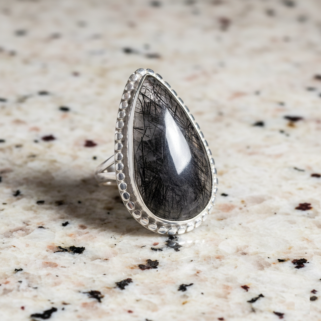 925 Sterling Silver Natural Black Routile Quartz Ring
