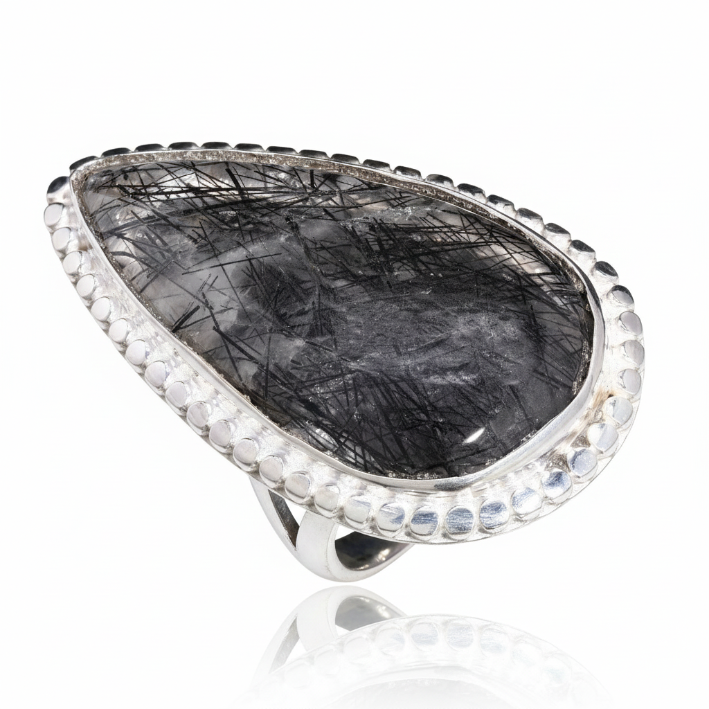 925 Sterling Silver Natural Black Routile Quartz Ring