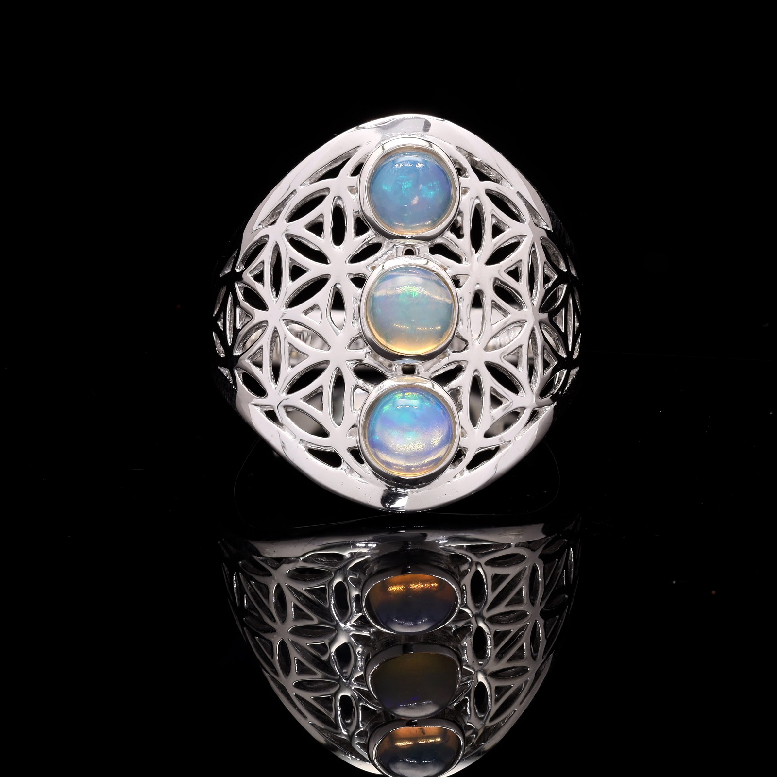 925 Sterling Silver Multi Ethiopian Opal Gems Mandala Ring