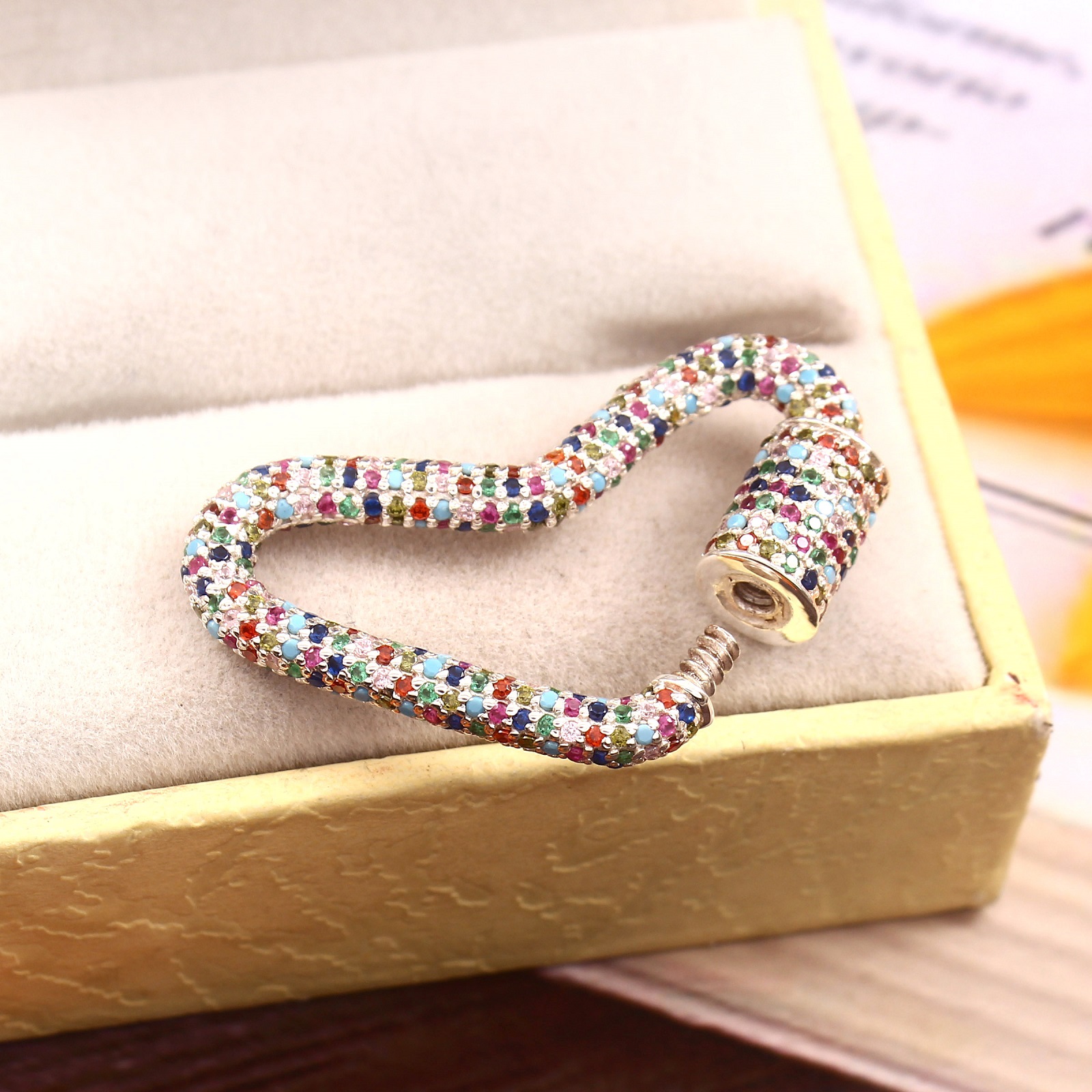 925 Sterling Silver Heart Lock Charms With Multi Colored CZ