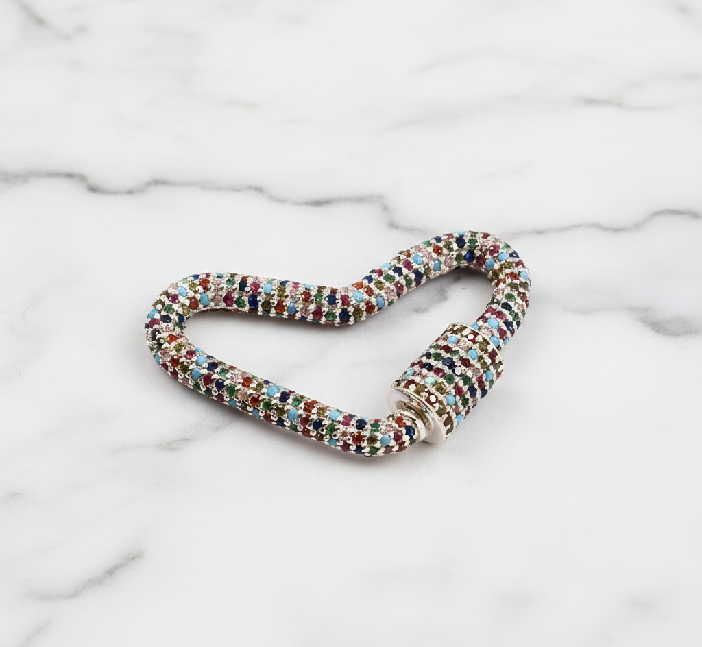 925 Sterling Silver Heart Lock Charms With Multi Colored CZ