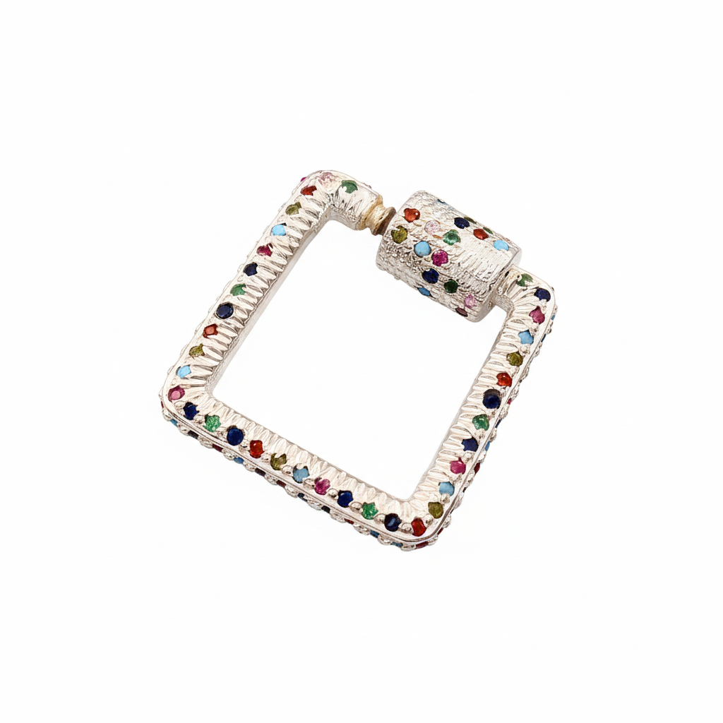 925 Sterling Silver Square Lock Charms With Multi Colored CZ