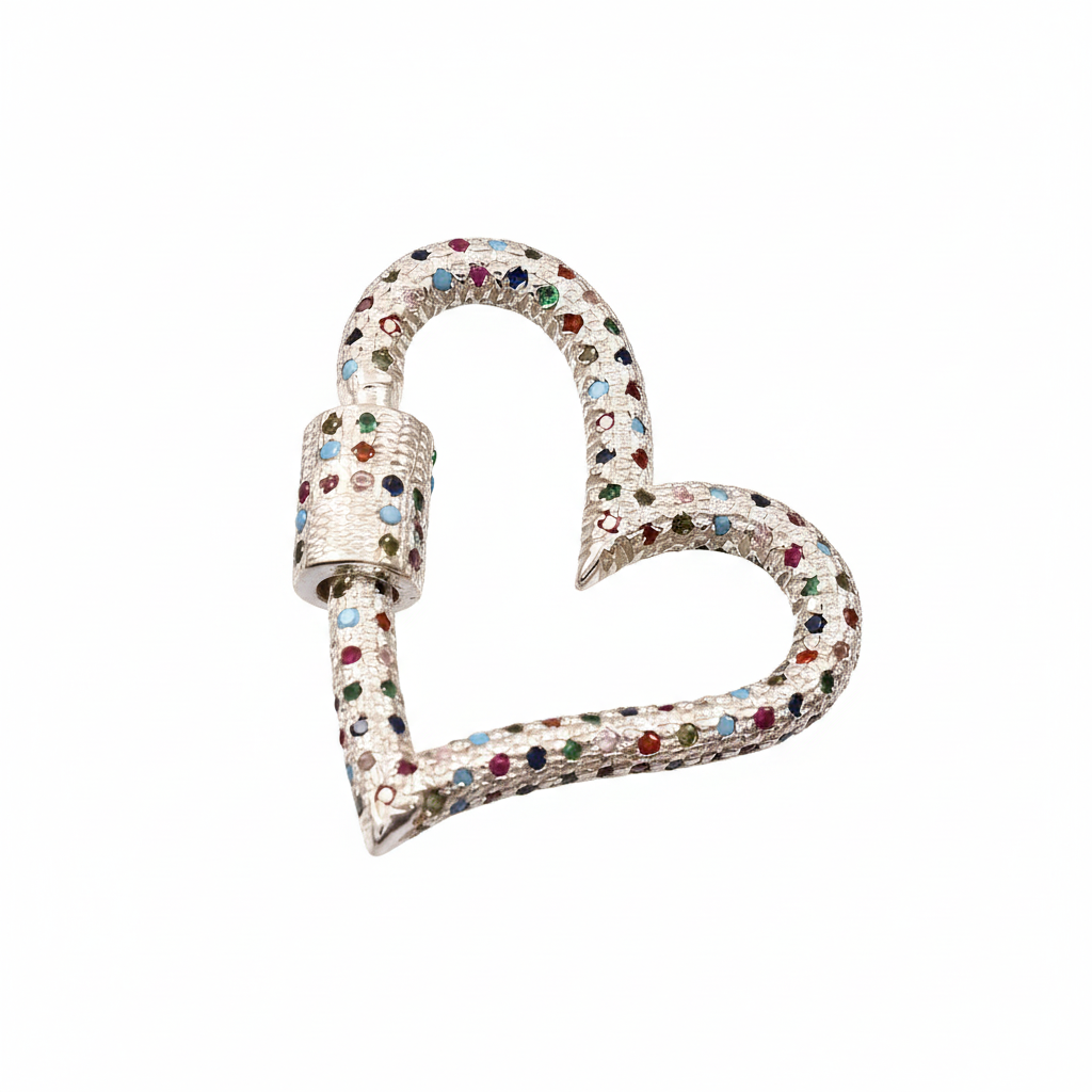 925 Sterling Silver Love Heart Lock Charms With Multi CZ