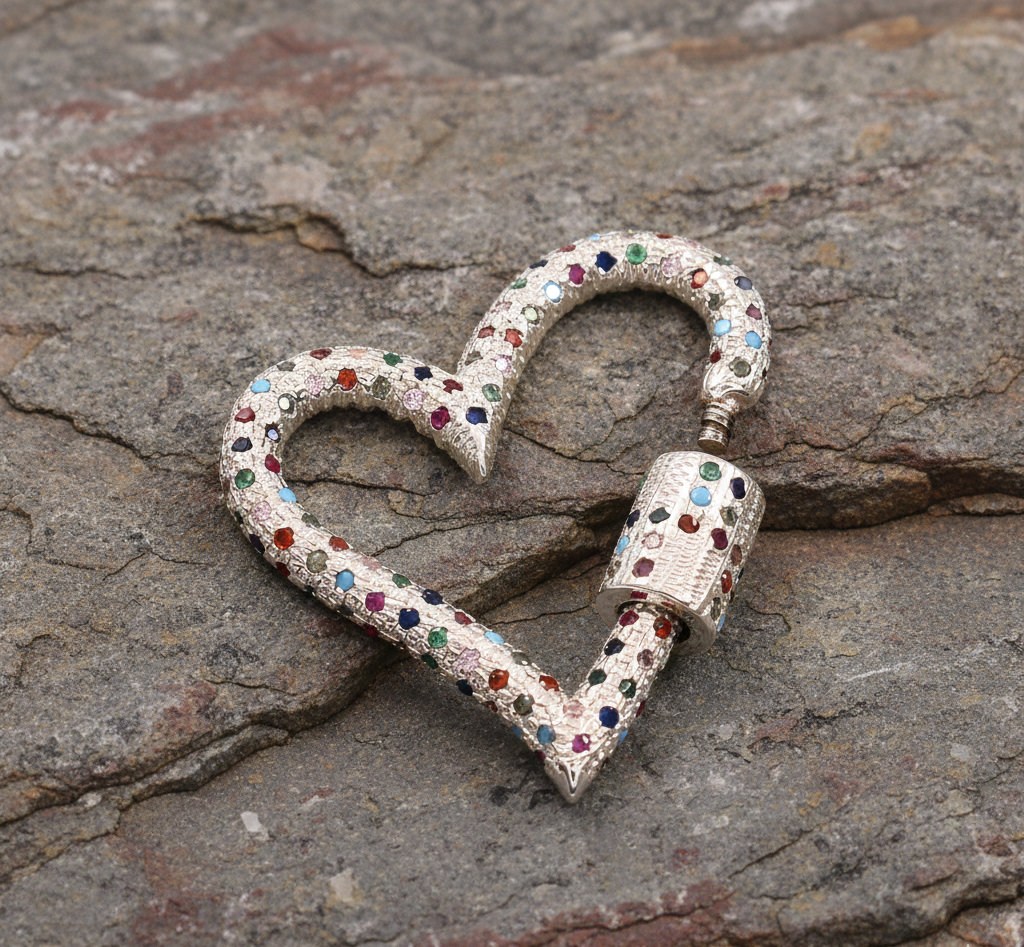 925 Sterling Silver Love Heart Lock Charms With Multi CZ