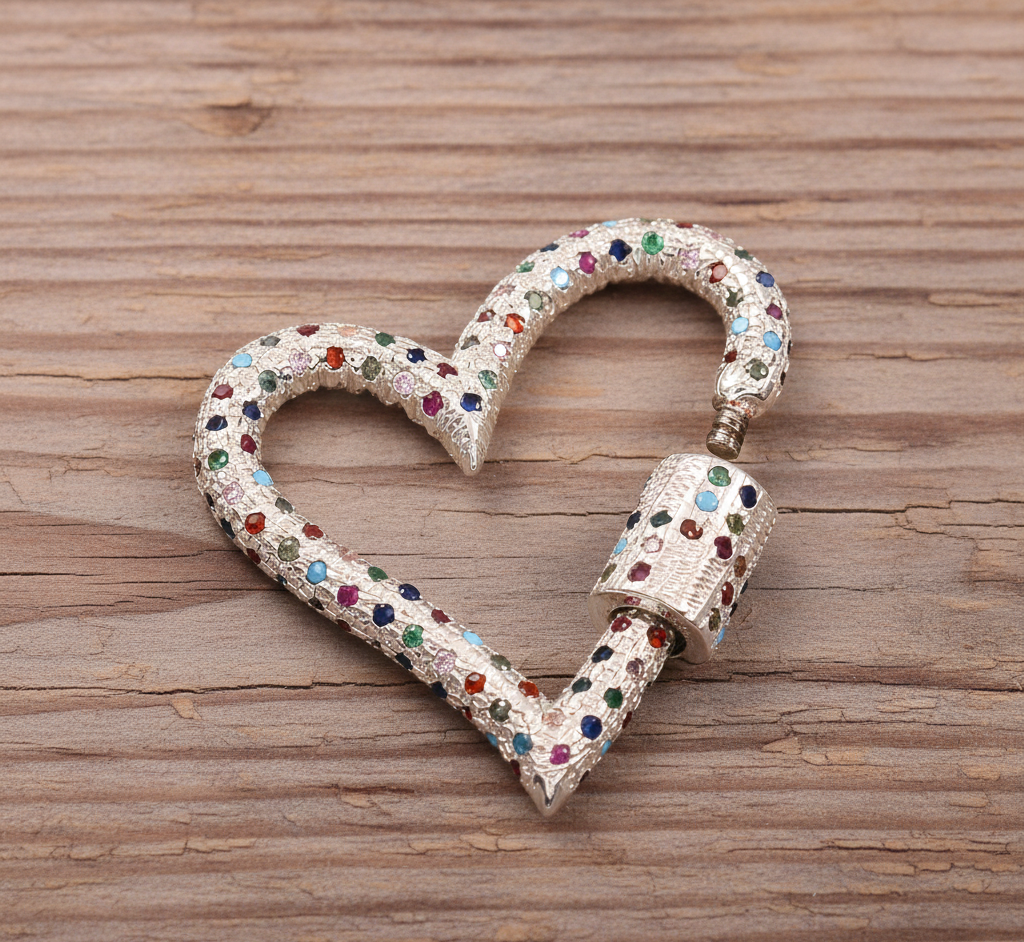 925 Sterling Silver Love Heart Lock Charms With Multi CZ