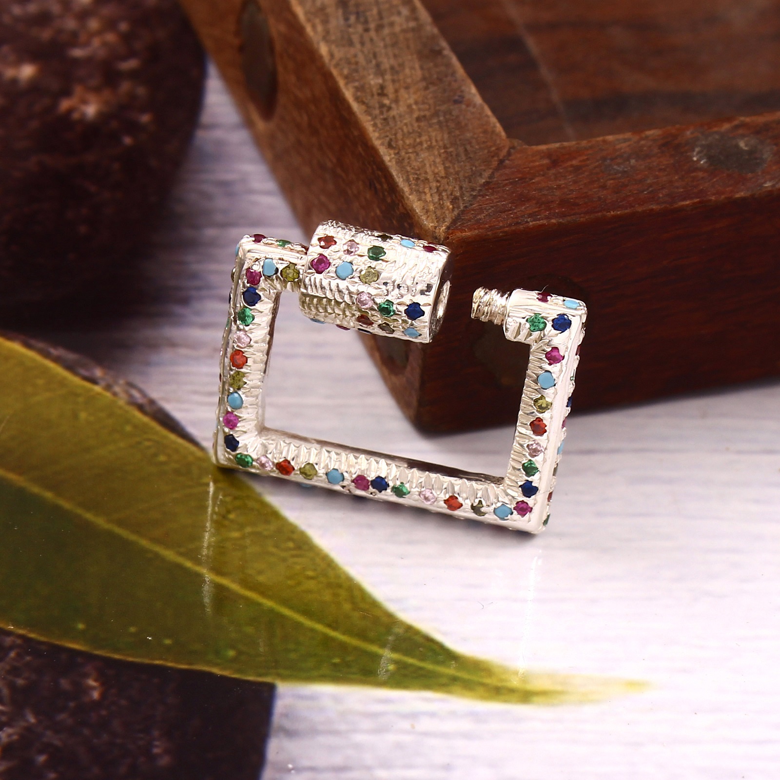 925 Sterling Silver Rectangular Lock Charms With Color CZs