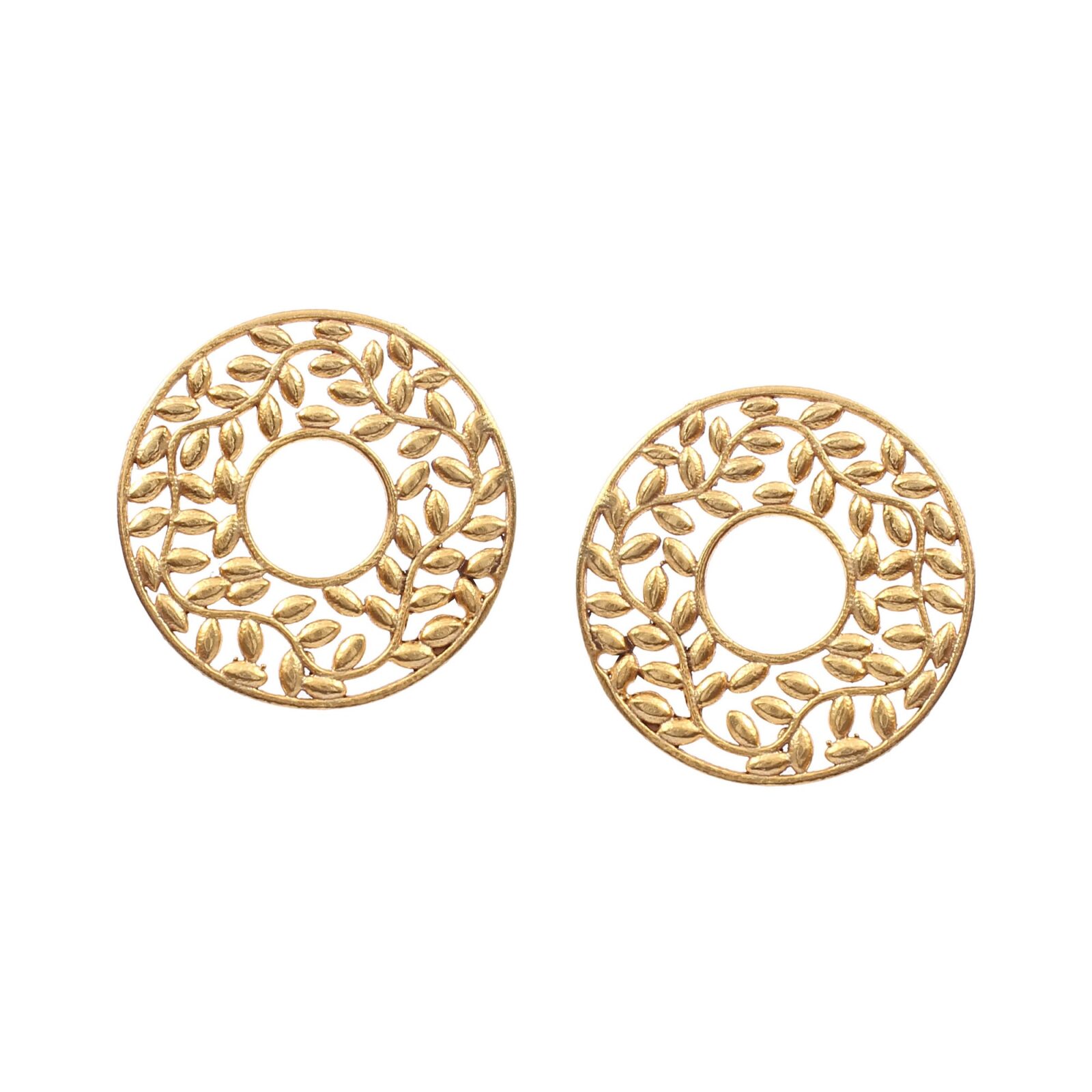 Gold Plated Carved Leaf Disc Earrings Studs in 925 Sterling Silver