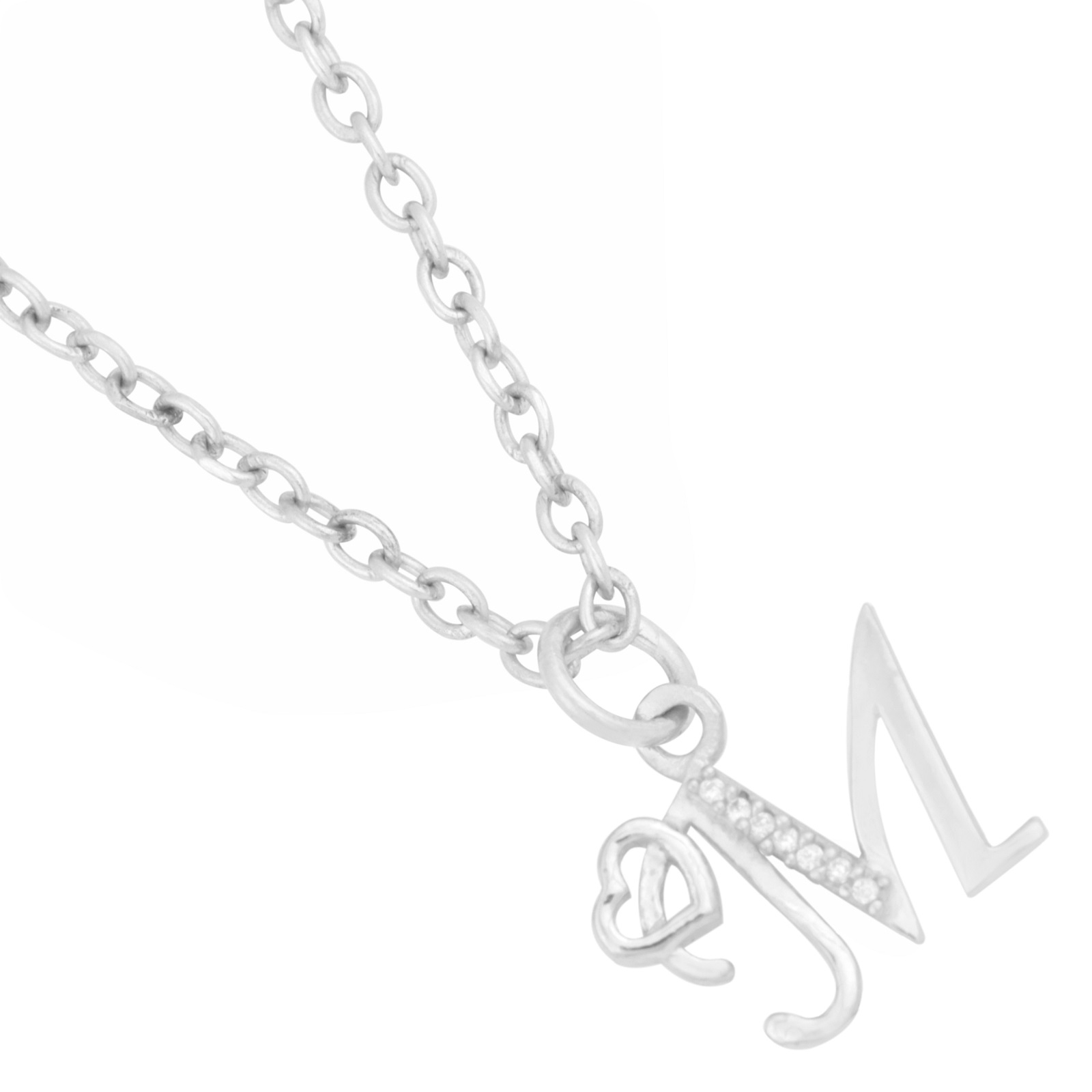 925 Sterling Silver M Initial Pendant Necklace With White CZ
