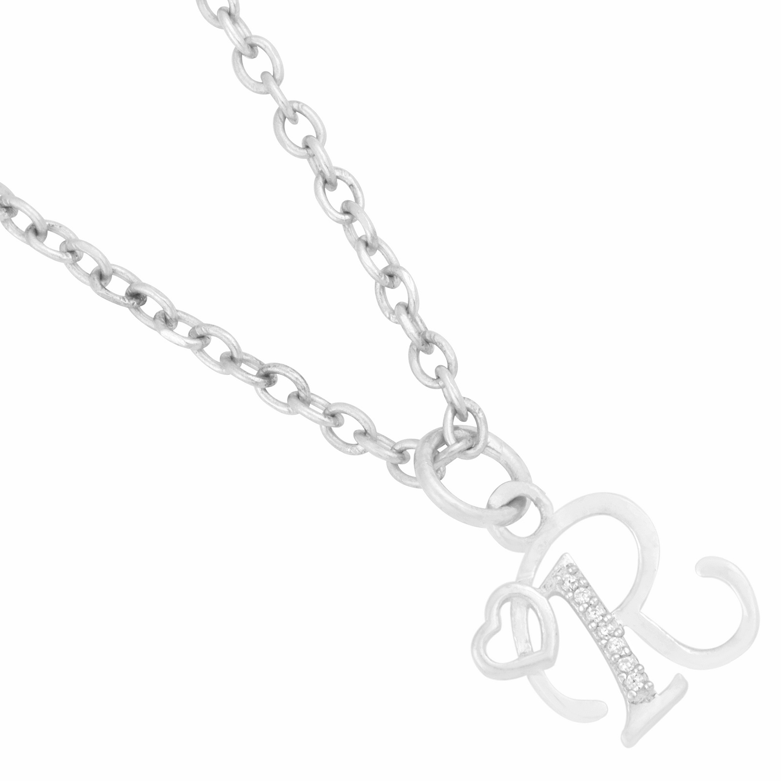 925 Sterling Silver R Initial Pendant Necklace With White CZ
