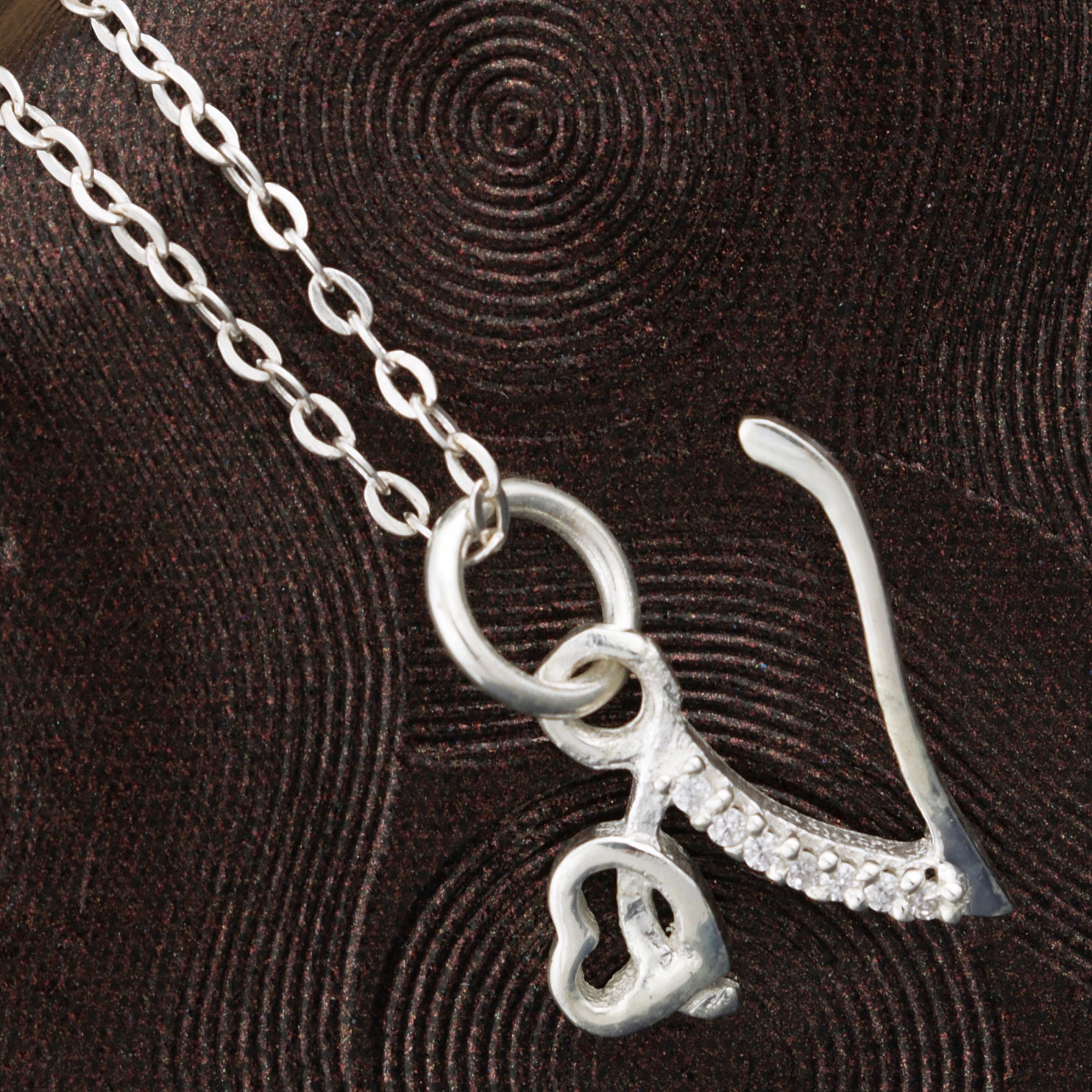 925 Sterling Silver V Initial Pendant Necklace With White CZ