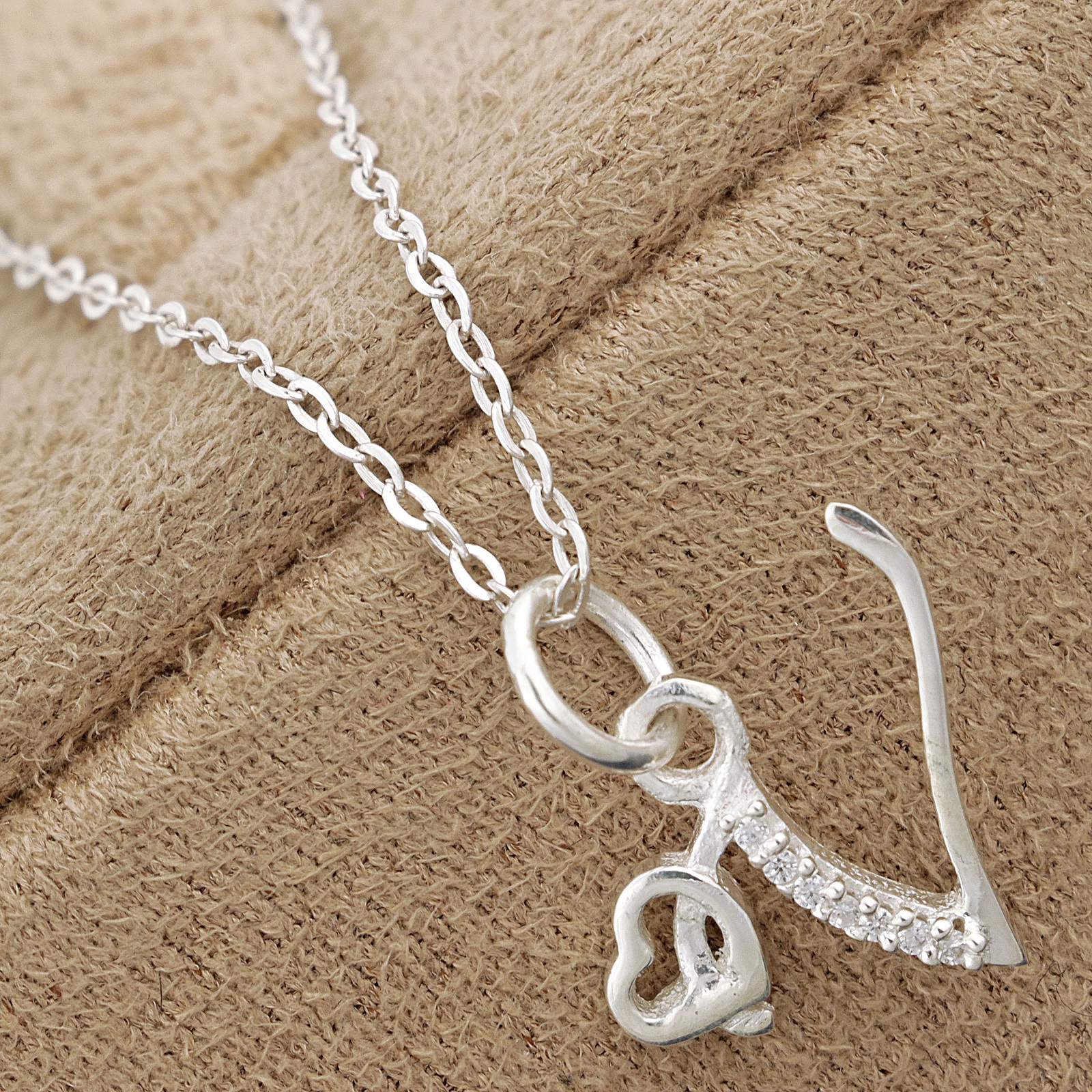 925 Sterling Silver V Initial Pendant Necklace With White CZ